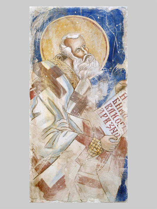 Study of St. Athanasius of Prizren, aged buon fresco on panel by iLia Anossov