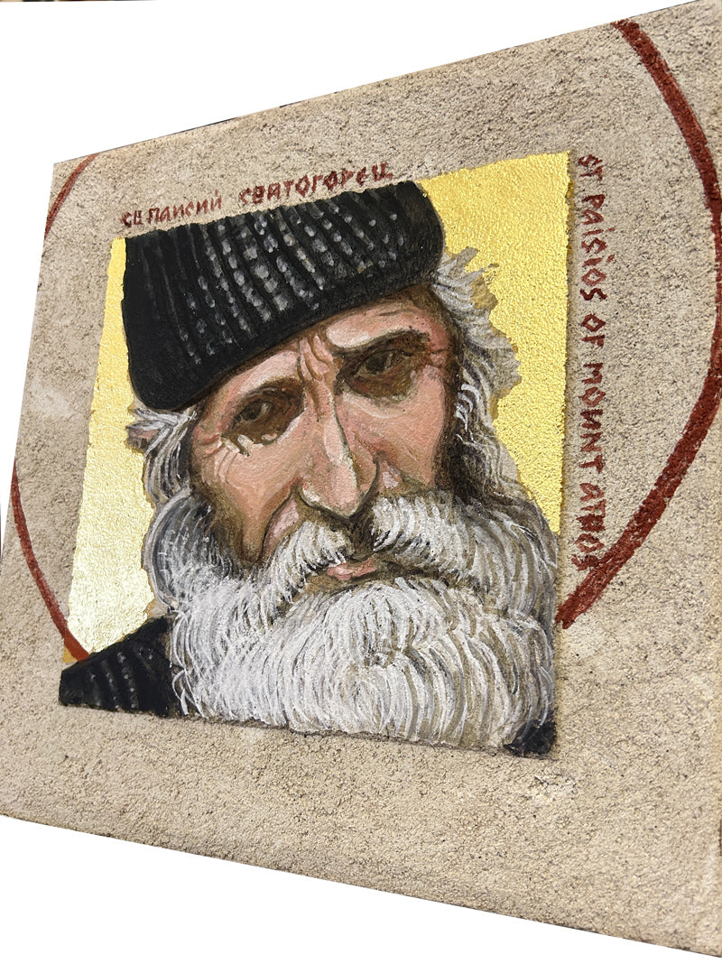 St Paisios of Mount Athos - buon fresco, 22k gold-leaf 12x12 on ceramic tile by iLia Fresco