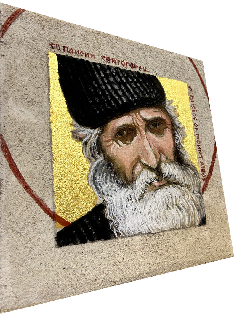 St Paisios of Mount Athos - buon fresco, 22k gold-leaf 12x12 on ceramic tile by iLia Fresco