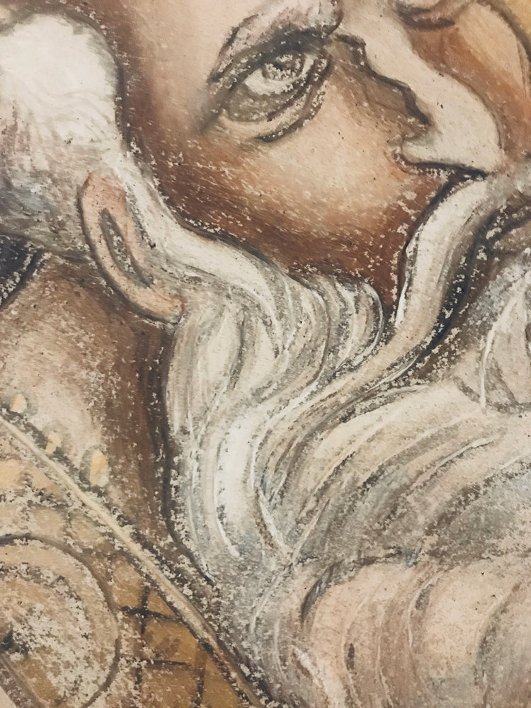 Close detail of the study of St. Athanasius of Prizren, aged buon fresco on panel by iLia Anossov 